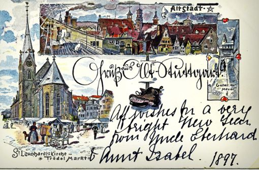 Schon vor  über 100 Jahren war Leonhardsviertel die „Altstadt“. Die Karte mit Zeichnungen von Karl Fuchs ist 1897 beschrieben worden. Vor der Kirche befand sich ein Trödelmarkt. Foto: Sammlung Wolfgang Müller