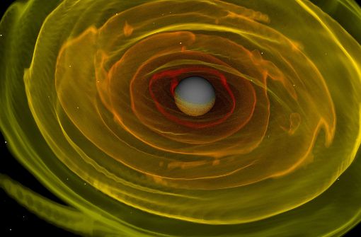 Numerisch-relativistische Simulation zweier einander umkreisender und verschmelzender Neutronensterne. Dargestellt ist das bei der Verschmelzung der beiden Neutronensterne entstandene schwarze Loch und die es umgebende Aggregationsscheibe. Foto: dpa/Max-Planck-Institut für Gravitationsphysik