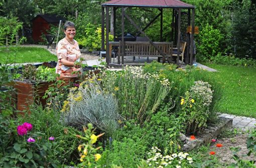 In ihrem Garten fühlt sich Claudia Nafzger nicht nur wohl – er ist auch der Startpunkt für viele Kräuterführungen durch Höpfigheim. Foto: Werner Kuhnle