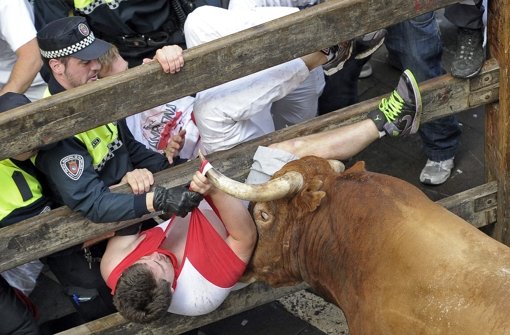 Mit Stieren ist nicht zu spaßen. In Pamplona fand in den vergangenen Tagen die jährliche Stierhatz statt. Sieben Menschen wurden dabei von Bullen verletzt.  Foto: EFE