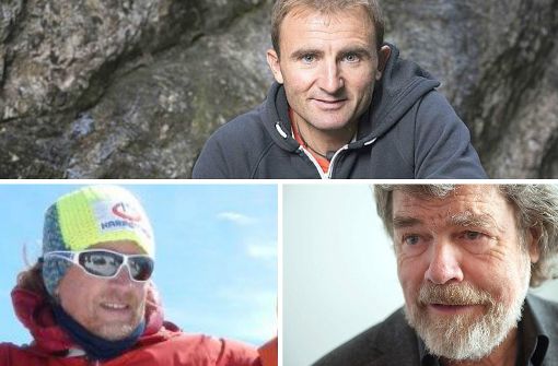 Extremkletterer: Ueli Steck (1976-2017, Bild oben), Andy Holzer, Reinhold Messner (rechts). Foto: dpa (2)/Daniel Kopp