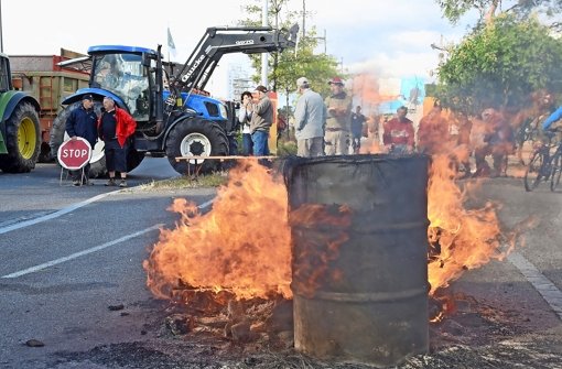 Es brennt an der Grenze: Wütende französische Bauern blockieren  mit Traktoren die Rheinbrücke ­zwischen Kehl   und Straßburg Foto: dpa