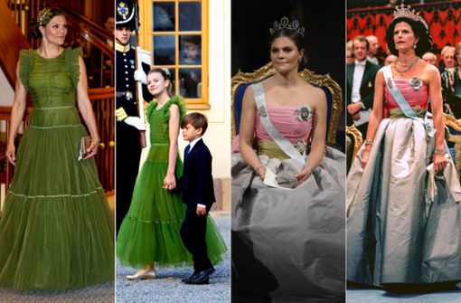 Mutter, Tochter und ein Kleid: Schwedens Kronprinzessin Victoria (links), Prinzessin Estelle und Königin Silvia (rechts). Foto: Imago/Bruno Press/PPE/TT
