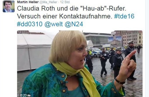 Das Video von Claudia Roth und den sächselnden Pöbeldemonstranten geistert durchs Netz. Foto: Twitter/@Ma_Heller