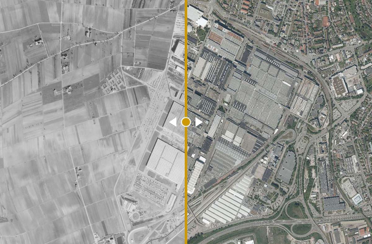 Das Daimlerwerk Sindelfingen ist seit 1968 (linkes Bild) massiv Richtung Westen expandiert. Wie sich Bosch, Kärcher und andere Firmen ähnlich stark ausgebreitet haben, zeigt die Bilderstrecke.