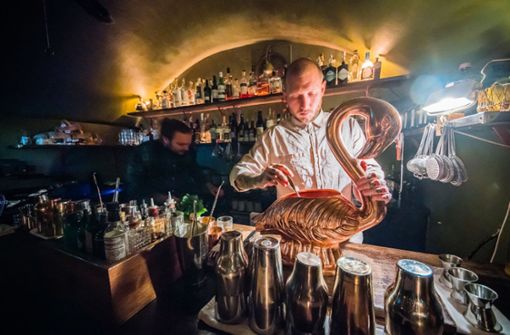Michele Heinrich, Bar-Manager in der „The Kinly Bar“ in Frankfurt bereitet ein Getränk in einer überdimensionalen Schwan-Karaffe vor. Im Hintergrund arbeitet Joshua Besemer, der Barkeeper. Mit dem Mixology Bar Award 2020 für die „Bar des Jahres“ wurde die „The Kinly Bar“ in Frankfurt am Main ausgezeichnet. Foto: dpa