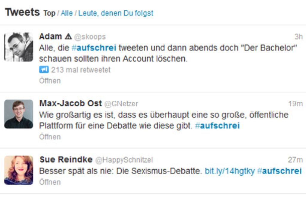 Unter dem Hashtag #aufschrei posten vor allem junge Frauen ihre Erfahrungen mit Sexismus. Foto: Twitter/Screenshot