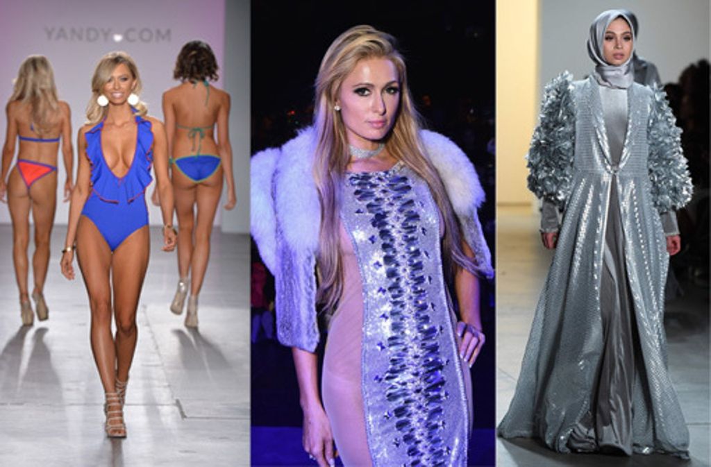 Knappe Bikinis, edle Kopftücher und ausgefallene Kreationen der Designer gibt es bei der New York Fashion Week zu sehen. Paris Hilton besucht die Show von The Blonds.