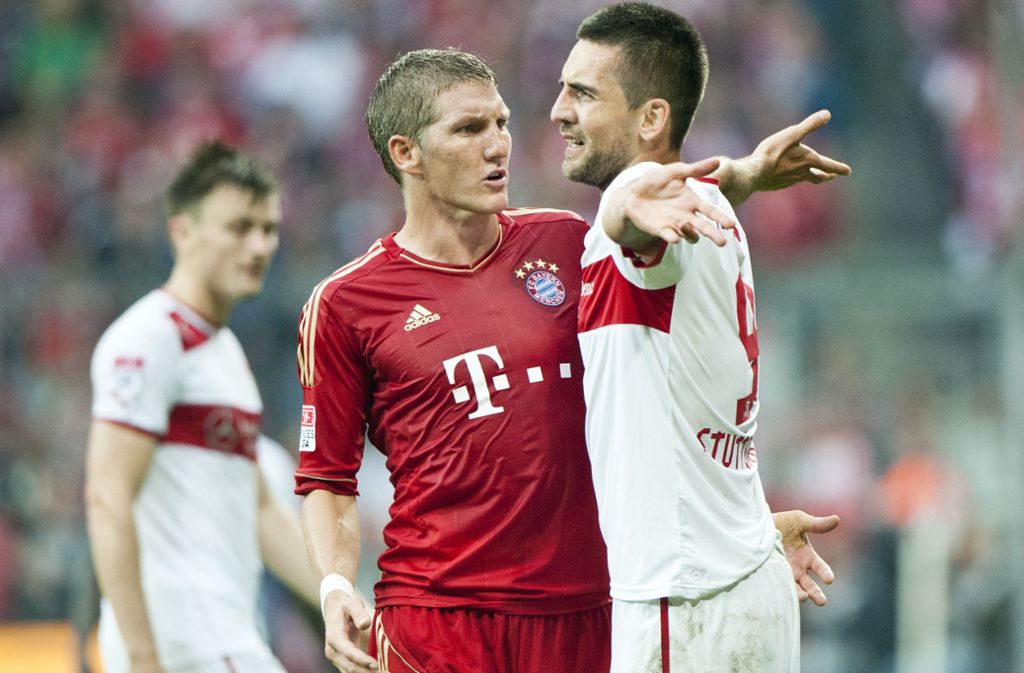 Hitzige Duelle lieferte sich Bastian Schweinsteiger mit dem VfB Stuttgart. Hier gerät er mit Stürmer Vedad Ibisevic aneinander.