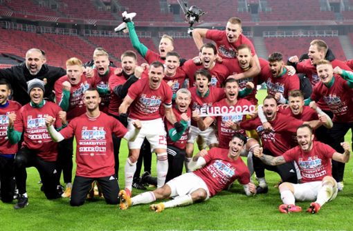Große Freude bei den ungarischen Fußballern nach dem späten 2:1-Sieg Foto: AFP/ATTILA KISBENEDEK