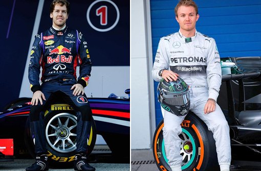 Rad-Bull-Pilot Sebastian Vettel (links) und Mercedes-Fahrer Nico Rosberg (rechts) bei der Vorstellung der neuen Boliden. Foto: dpa/Getty Images/SIR-Montage
