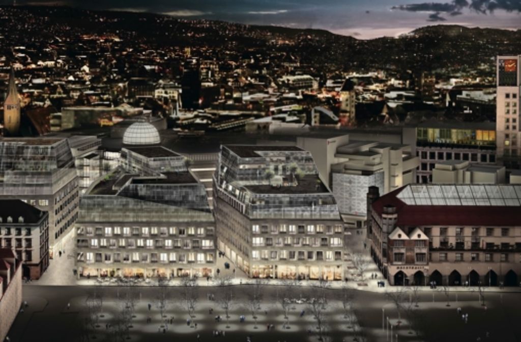 Nächtliche Simulation des neuen Dorotheen-Quartiers (vorne Mitte) Foto: Behnisch Architekten/Zapf Architectural Renderings