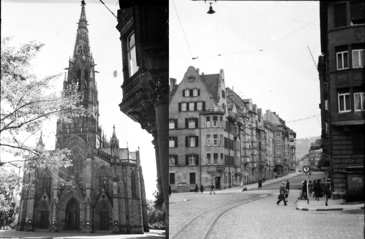 Die Johannesstraße beginnt an der Johanneskirche (links) und endet am Hölderlinplatz. Begleiten Sie uns auf dem virtuellen Spaziergang durch die Straße im Jahr 1942.