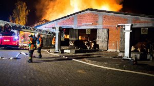 Bei einem Großbrand auf einem Aussiedlerhof in Remseck am Neckar gelingt es der Feuerwehr, etwa 100 Rinder vor den Flammen zu retten. Foto: www.7aktuell.de | Karsten Schmalz