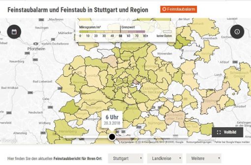 Das Feinstaubradar informiert live über die aktuelle Luftqualität in der Region Stuttgart. Foto: StZN
