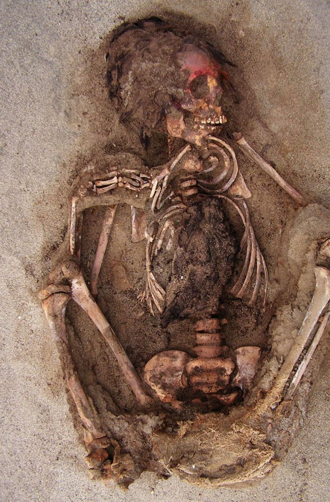 Das Foto zeigt ein Kinderskelett an seinem Fundort Huanchaquito-Las Llamas. Peruanischen und US-amerikanischen Archäologen ist mit der Entdeckung eines alten Massengrabes im Norden Perus  ein Sensationsfund gelungen.