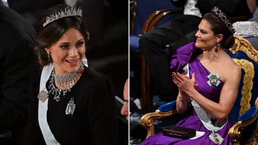 Viel Schmuck zu einem schlichten Kleid: Prinzessin Sofia (links). Ihre Schwägerin Victoria machte es andersherum und ließ ihre One-Shoulder-Robe glänzen. Foto: AFP/JONATHAN NACKSTRAND