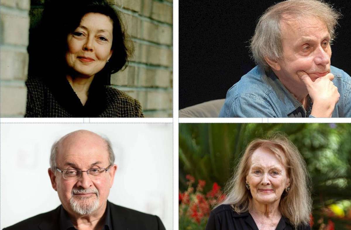 Die Favoriten der Wettbüros für den Literaturnobelpreis: Anne Carson, Michel Houellebecq, Annie Ernaux und Salman Rushdie (im Uhrzeigersinn von links oben) Foto: Imago images (3)/dpa