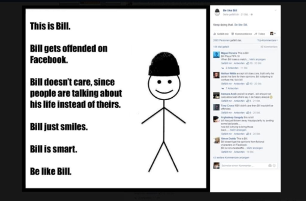 Die ersten Bill-Memes hatten noch recht naheliegende Themen, wie zum Beispiel die Verhaltensetikette auf dem sozialen Netzwerk Facebook.