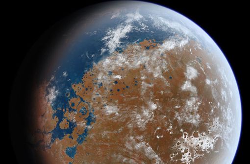 So könnte der Mars vor Jahrmillionen ausgesehen haben: Die künstlerische Darstellung zeigt den Roten Planeten  von Ozeanen bedeckt. Foto: Wikipedia commons/Ittiz CC BY-SA 3.0