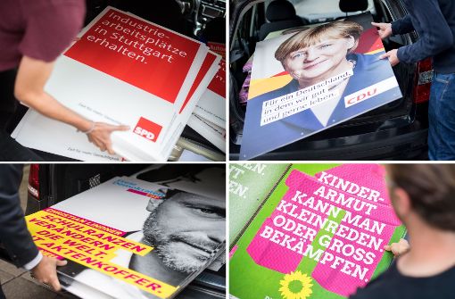 Wahlkampfhelfer sind mit dem Verteilen der Plakate beschäftigt. Die Bundestagswahl ist am 24. September. Foto: dpa