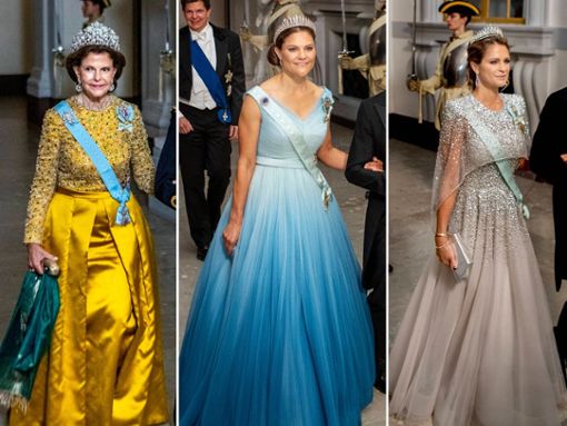Mehr Glamour geht kaum: Königin Silvia (li.) und ihre beiden Töchter Victoria und Madeleine (re.) beim Bankett. Foto: imago/PPE / imago/PPE / imago/PPE