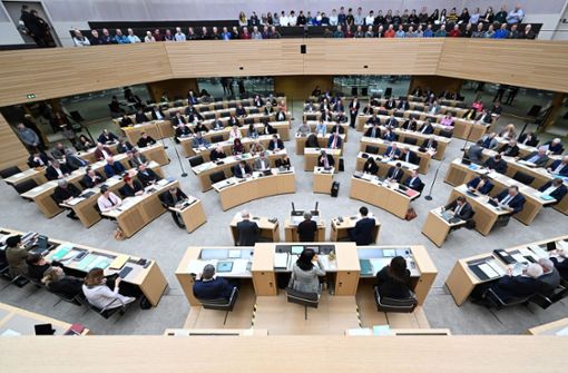 Viele schwarze Anzüge. Im baden-württembergischen Landtag liegt der Frauenanteil bei 29 Prozent. Foto: dpa/Bernd Weißbrod