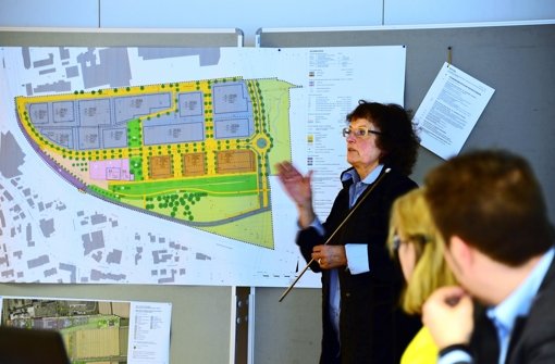 Dietrun Locher vom Büro Orplan erläutert die Planung für das Gewerbegebiet Schelmenäcker. Foto: Norbert J. Leven