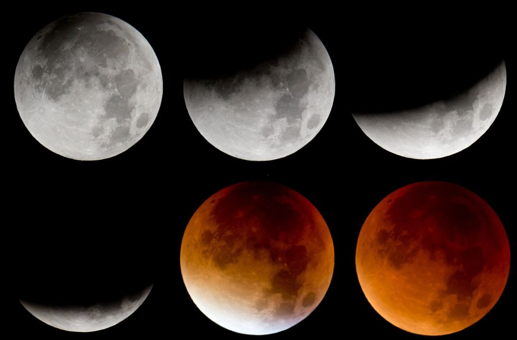 Die Bildkombo zeigt von links oben nach rechts unten die verschiedenen Phasen der totalen Mondfinsternis (Aufnahme vom 28. September 2015). Am Freitag (27. Juli 2018) ist es wieder so weit.