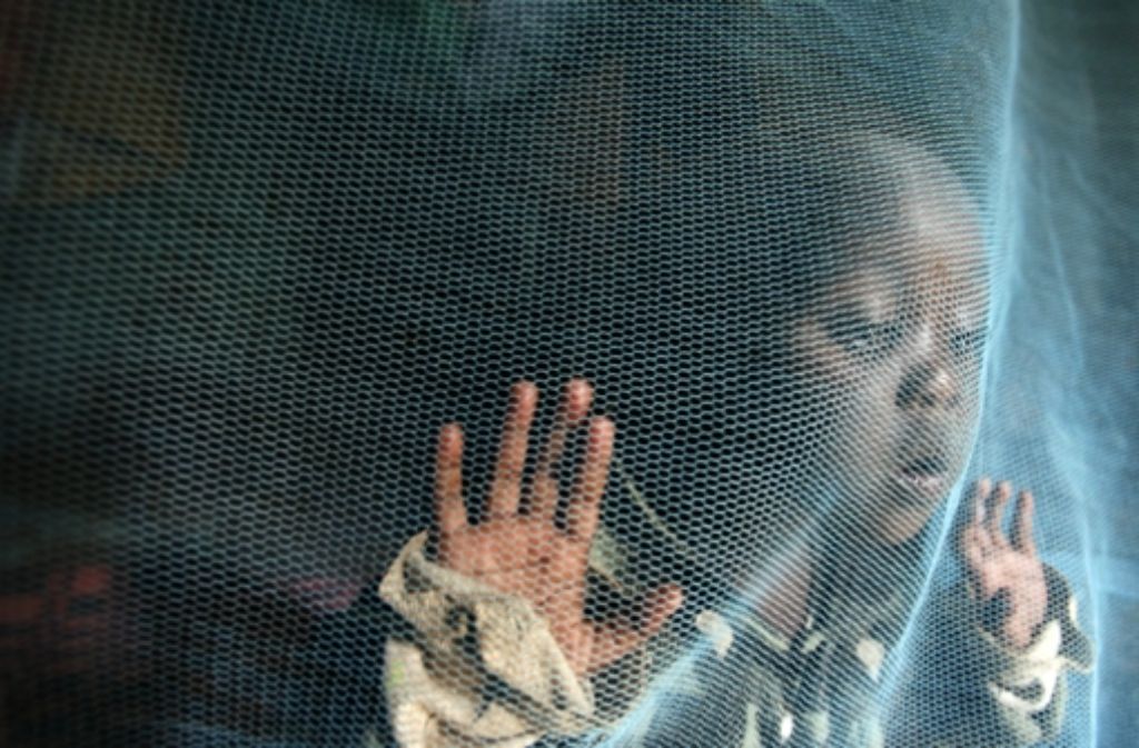 Die dreijährige Siama Marjan steht in Nairobi (Kenia) hinter einem Moskitonetz, das sie vor dem Stich von Malaria-Mücken schützt. Foto: dpa