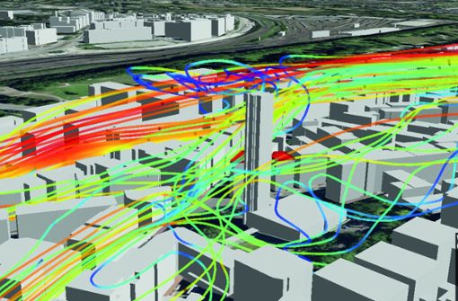 Forschungsprojekt Windy Citys: Simulierte Windströmungen über den Dächern von Stuttgart (Stöckach) sollen helfen,  Standorte für Kleinwindkraftanlagen zu finden. Foto: /Hochschule für Technik