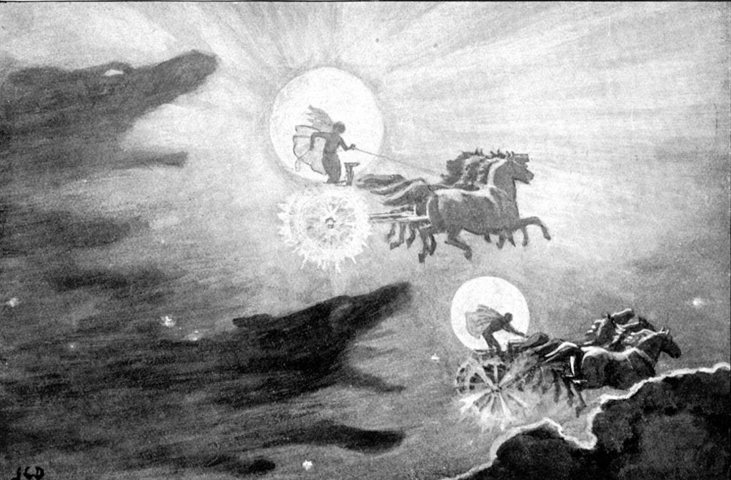 Nordische Mythologie: Hati und Skalli sind Zwillingsbrüder. Die beiden riesigen Wölfe stammen von Fenrir (dem Fenriswolf) und der Riesin Gyge (der „Alten vom Eisenwald“) ab. Hati verfolgt den Mondgott Mani, während Skalli die Sonnengöttin Sól nachstellt.