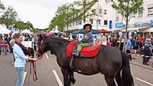 Kleiner Mann ganz hoch: Der zweijährige Leon Mader  nahm vom Rücken eines Ponys das Straßenfest in Augenschein. Viele Besucher nutzen den verkaufsoffenen Sonntag an der Kirchheimer Straße. Foto: Cedric Rehman