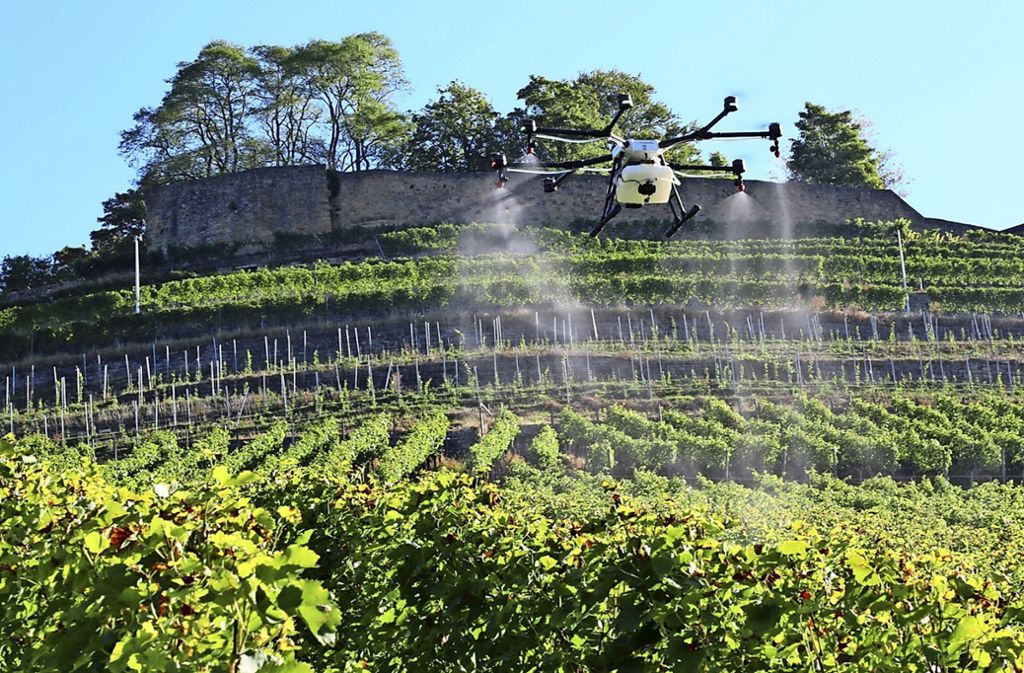 Spritzdrohnen wie die derzeit im Praxistest befindliche Agras 1S sollen in ein paar Jahren im Weinbau zum Einsatz kommen. Foto: droneparts.de