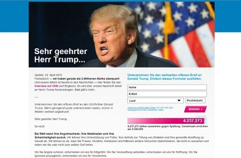 Über vier Millionen Menschen haben einen offenen Brief gegen Donald Trump unterzeichnet. Foto: Scrrenshot Avaaz