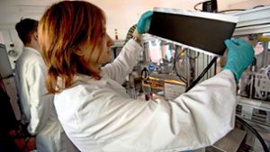Das Land  will auch bei Batteriezellen unabhängiger werden. Hier betrachtet eine Mitarbeiterin von  Fraunhofer      eine beschichtete Elektrode für eine Zelle. Foto: dpa/Marijan Murat