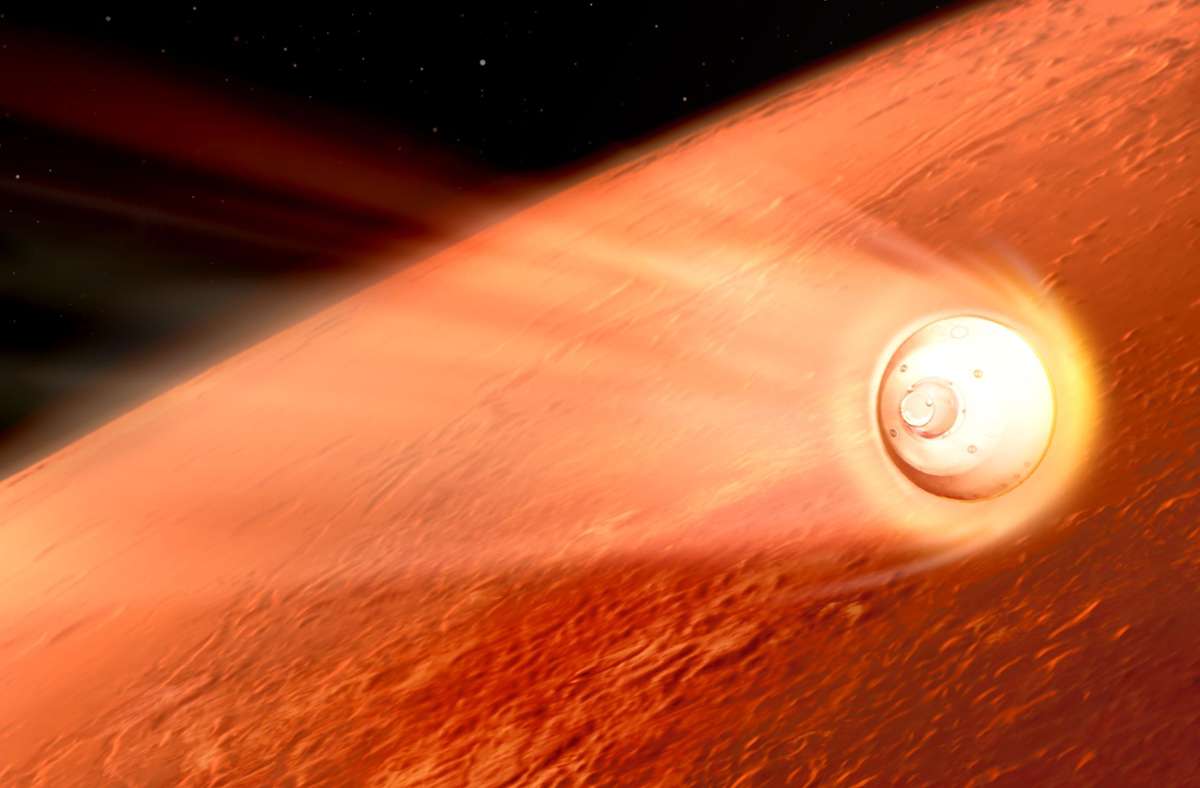 In dieser Illustration ihres Landeanflugs auf den Mars verlangsamt sich die Sonde mit dem „Perseverance“-Rover der Nasa.