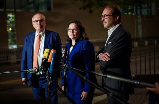 Volker Kauder (CDU), Andrea Nahles (SPD) und Alexander Dobrindt (CSU) beim Koalitionstreffen zum Rentenpaket Foto: dpa