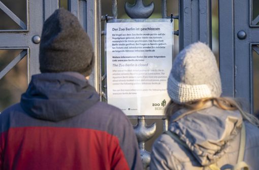Besucher lesen den Aushang am geschlossenen Tor am Eingang zum Berliner Zoo. Foto: dpa/Monika Skolimowska