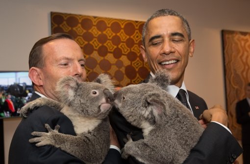 Kuscheliger G20-Gipfel: US-Präsident Barack Obama (rechts) und Australiens Premier Tony Abbott mit zwei Koalabären. Foto: Getty Images AsiaPac