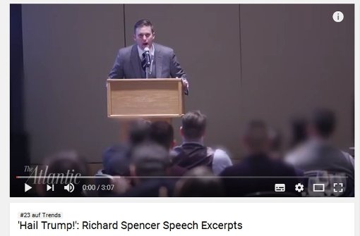 Dieses Video veröffentlichte das amerikanische Magazin „The Atlantic“. Es zeigt eine Rede von Richard Spencer bei einem Treffen der Alt-Right Bewegung. Foto: youtube/The Atlantic