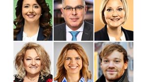 Sie wollen in den  Landtag (oben von links im Uhrzeigersinn): Ayla Cataltepe (Grüne), Hans-Jürgen Goßner (AfD), Sabrina Hartmann (SPD), Joachim Kalitowski (Linke), Sarah Schweizer (CDU), Heidi Nader (FDP). Foto:  