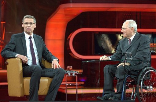 Vier Jahre lang hat Günther Jauch seine ARD-Talkshow moderiert – in seiner letzten Sendung  ist Wolfgang Schäuble zu Gast gewesen. Foto: dpa