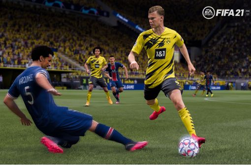 Erling Haaland von Borussia Dortmund dribbelt in Fifa 21 am Verteidiger vorbei. Foto: EA Sports