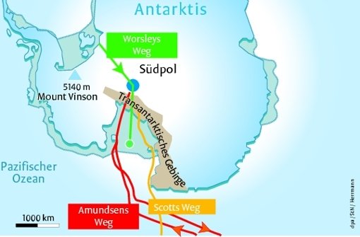 Expeditionen zum Südpol: 2015/16 –  Henry Worsley (grün); 1911/12 – Roald Amundsen (rot); 1911/12 –   Robert Scott (gelb). Grafik: StN/Herrmann