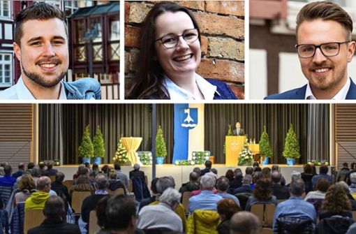Daniel Bogner, Lena Weller und Daniel Gutmann (von links) haben sich in der gut besuchten Seeguthalle in Cottenweiler als Bürgermeisterkandidaten vorgestellt. Foto: Frank Eppler/Privat