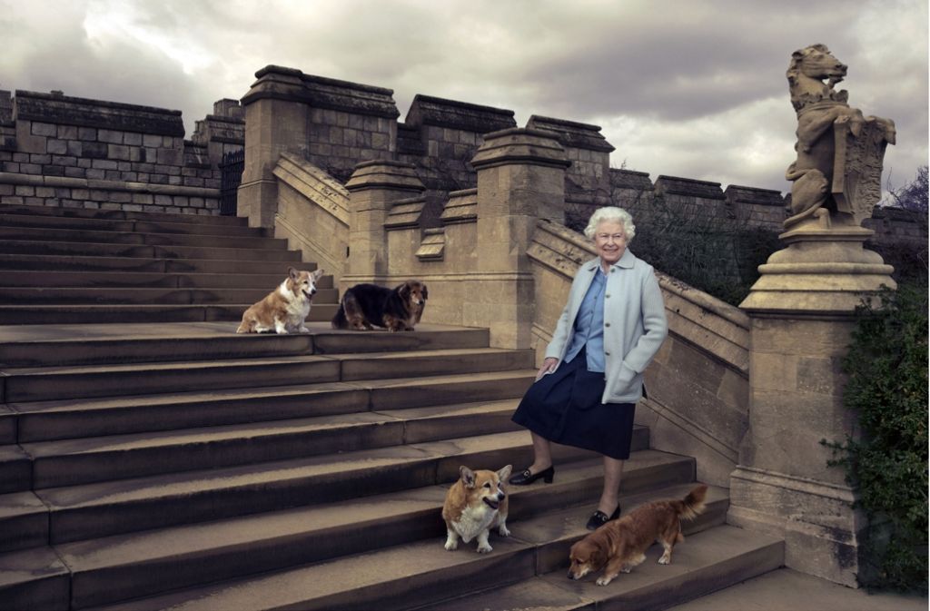 Annie Leibovitz hat Queen Elizabeth hier in Windsor Castle aufgenommen, mit den Hunden (von links oben) Willow, Vulcan, Candy und Holly