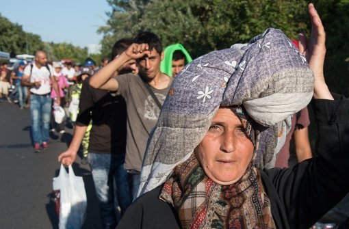 Hunderte Flüchtlinge laufen auf einer Autobahn von Ungarn nach Österreich. Foto: dpa