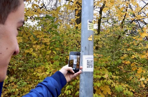 Wer den QR-Code an einer Straßenlaterne vor dem Wilhelms-Gymnasium fotografiert, gelangt zu einem Bibeltext, der von Weisheit und Bildung handelt. Foto: Nora Stöhr