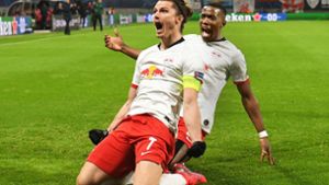 RB Leipzig um Marcel Sabitzer (vorne) steht bereits im Viertelfinale der Champions League. Foto: dpa/Hendrik Schmidt